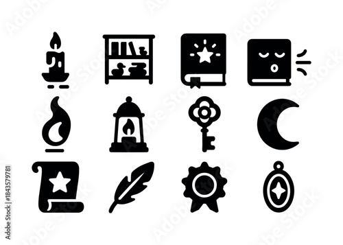 Enchanted Library Icons. Enchanted library. Solid icon set of en