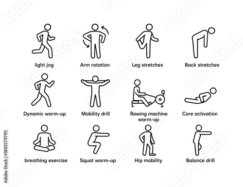 Rowing Warm-Up Icons. Rowing warm-up routines. Line icon set of