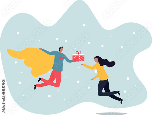 A superhero man gives his girlfriend a Valentine's Day gift.