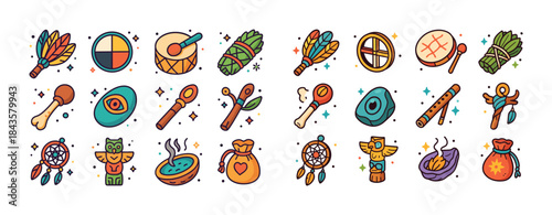 Colorful indigenous symbols and artifacts illustration with drum