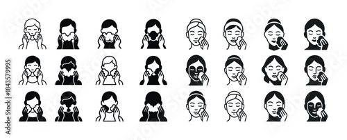 Skincare routine icons: diverse facial care for men and women