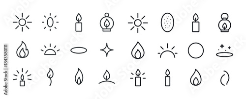 Minimalist icon set of sun, candle, flame, and light symbols