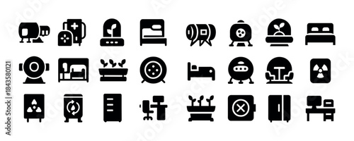 Minimalistic black icons set: furniture, plants, and appliances