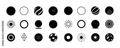 Collection of abstract black and white circular geometric symbol