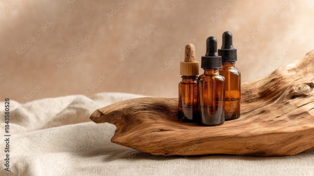 Fototapeta premium Amber glass dropper bottles with essential oils on driftwood for wellness branding, self-care product display, spa packaging design, natural aromatherapy concept