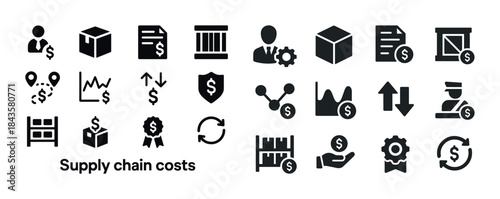 Supply chain costs icons: shipping, packaging, finance, logistic