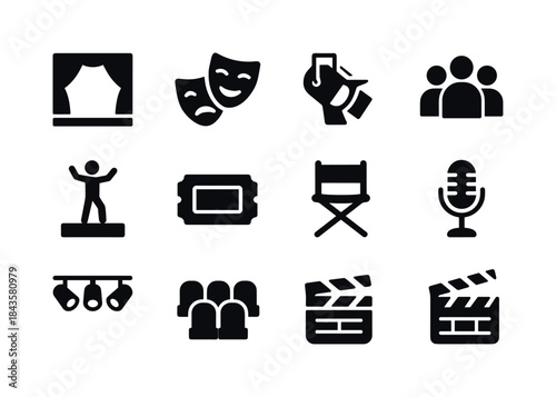 Theater Icon Set. Theater. Solid icon set of Theater: stage, cur