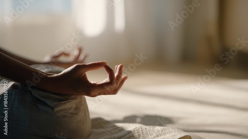 Hands in yoga mudra pose on beige linen mat for mindfulness branding, mental wellness content, meditation app visuals, holistic self-care concept, natural morning light aesthetic