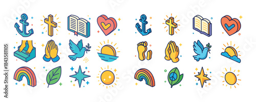 Colorful religious icons set with anchors, crosses, doves, and s