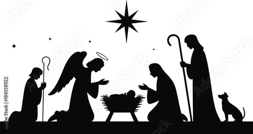 Black Silhouette Vector Illustration of the Nativity Scene with Virgin Mary, Joseph, Angel, Shepherds, and Baby Jesus for Christmas Design