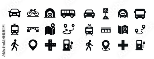 Transportation and navigation icon set: car, bicycle, bus, train