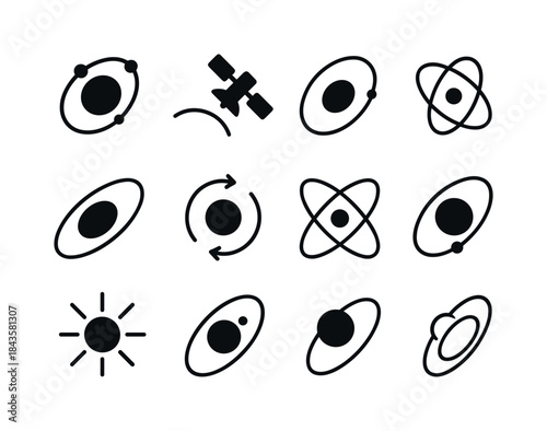 Orbit Icon Set. Orbit. Solid icon set of Orbit: planet orbit, sa