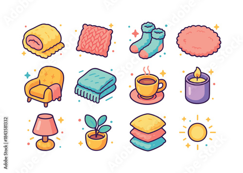 Cozy Icons Collection. Soft textures. Colorful isometric vector