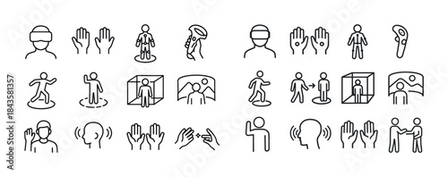 Virtual reality interaction icons: headset, controllers, avatars