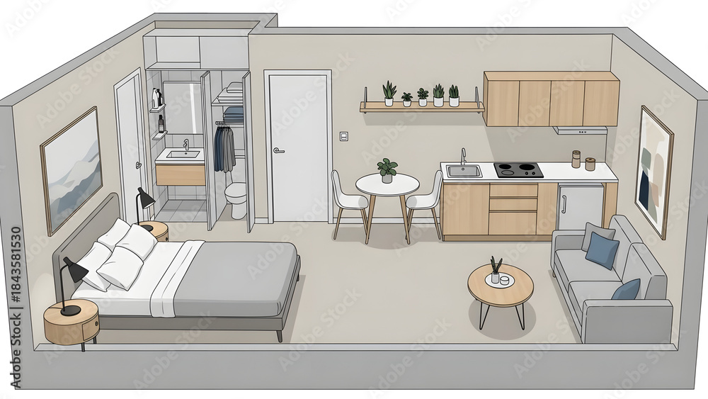 Fototapeta premium Cozy Studio Apartment Illustration Showing Living Space, Kitchenette, and Bathroom