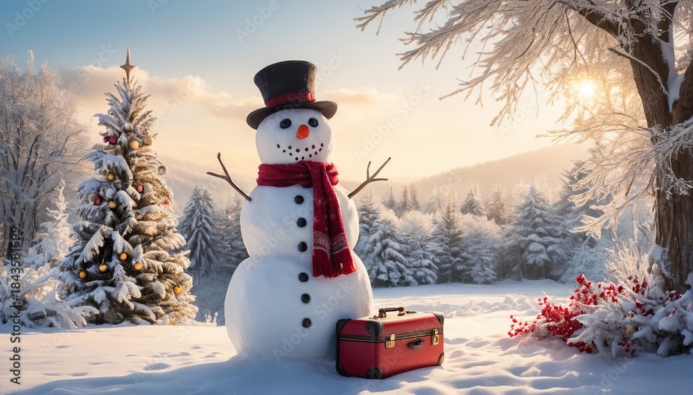 Obraz premium Festive snowman with a top hat and red scarf standing next to a decorated christmas tree in a sunny winter wonderland with a red suitcase