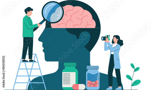 Psychologists Researching Human Brain and Mental Health with Magnifying Glass and Medications, Illustrating Diagnosis and Treatment Vector