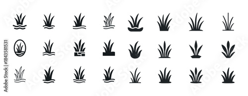 Set of grass icon silhouettes in various designs and styles