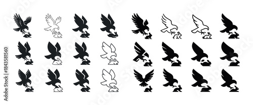 Silhouette variations of eagles grasping prey in flight