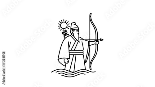 Ancient Archer with Bow and Arrow Under Sun Monoline Illustration.