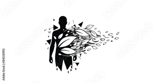 Silhouette of a person dissolving into swirling leaves and organic shapes, symbolizing nature's connection.