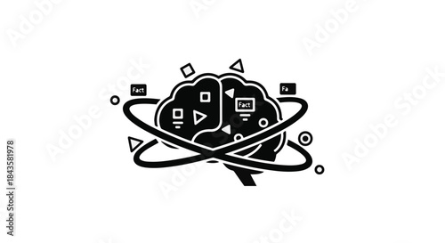 Abstract illustration of a stylized brain with interconnected geometric shapes and symbols representing thought and ideas.