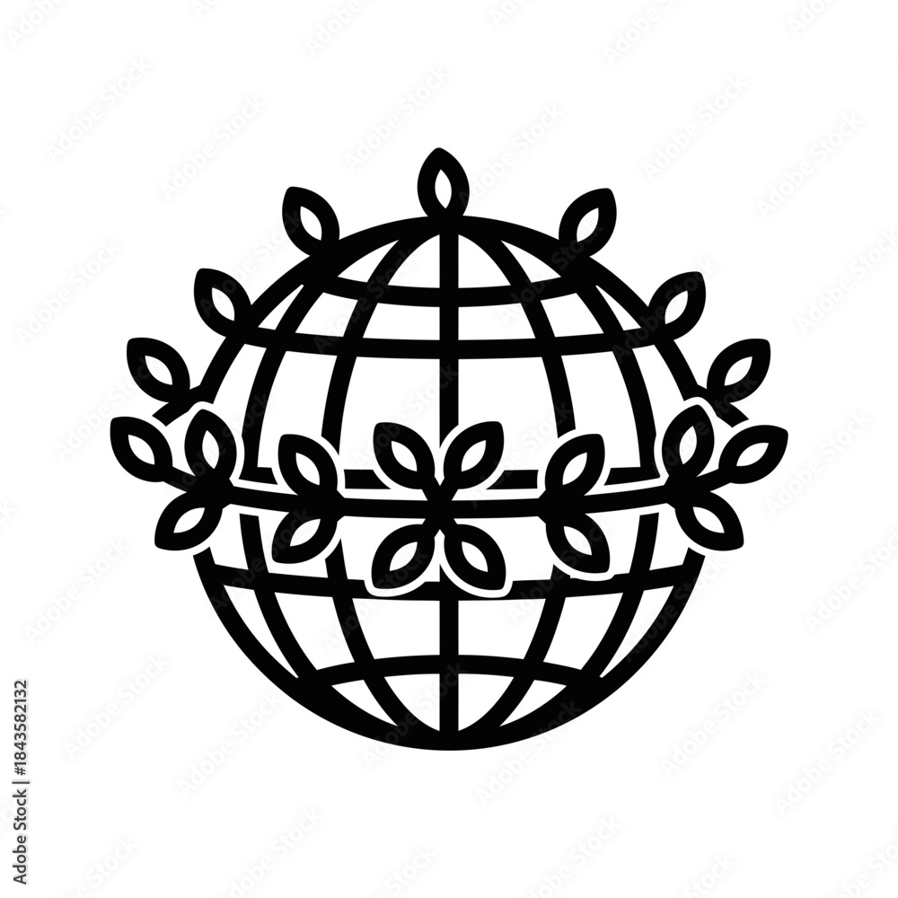 Fototapeta premium Stylized globe icon with a floral wreath or branches surrounding it