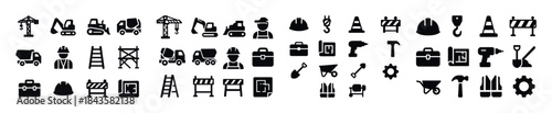 Construction icons set: vehicles, tools, workers, safety equipme