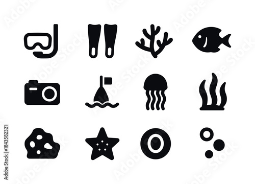 Snorkeling Icon Set. Island snorkeling tours. Solid icon set of