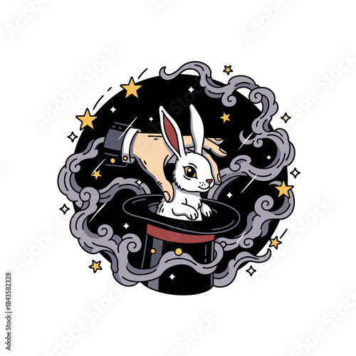 A magical white rabbit emerges from a top hat in a starry illustration