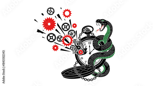 A green and black snake wrapped around an exploding pocket watch with gears scattering