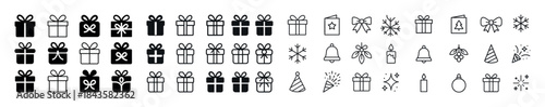 Assorted gift and holiday icons: presents, bells, snowflakes, ca