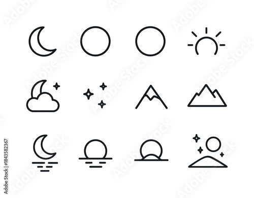 Moonlit Icon Set. Moonlit Sky. Line icon set of Moonlit Sky: cre