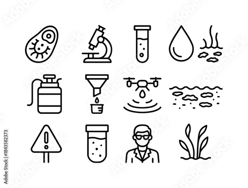 Algal Control Icons. Algal Bloom Control. Line icon set of algal