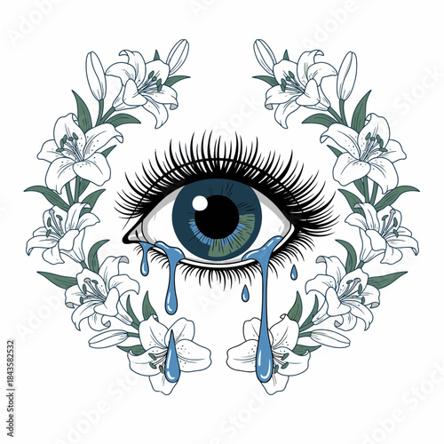 A stylized illustration of a tearful eye surrounded by elegant lilies
