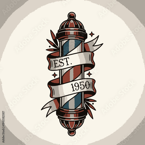 A classic barber pole illustration featuring a ribbon with "est. 1950" text, embodying vintage barbershop culture.