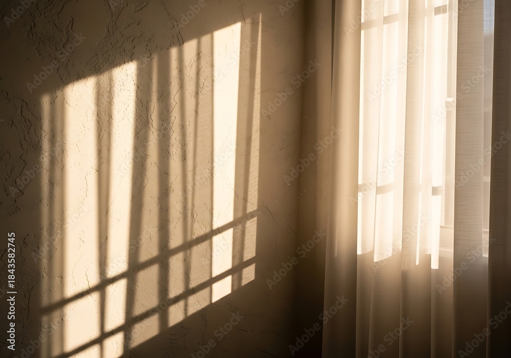 Fototapeta premium Soft morning sunbeam streaming through window curtains on stucco wall