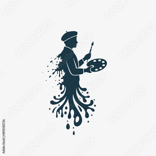 Silhouette of an artist holding a palette, dissolving into paint splashes