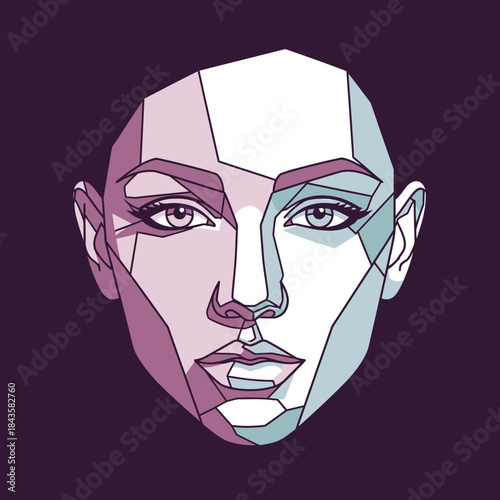 Abstract geometric portrait of a woman's face in a low poly style with modern color palette