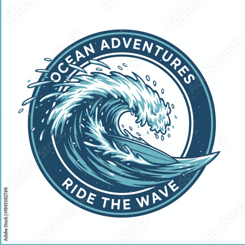 A circular logo depicting ocean adventures with a surfboard riding a massive wave