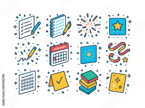 New Year's Icon Grid. New year's resolutions written on paper wi