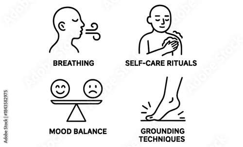 Breathing, Self-Care, Mood Balance and Grounding Line Icons