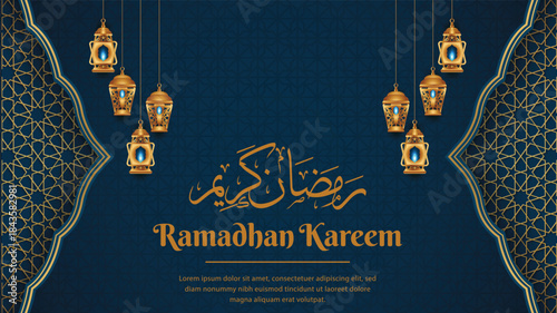 Flat blue and golden ramadan kareem decoration banner