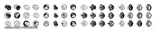 Weather icons set: sun, cloud, wind, raindrop, snowflake, storm,