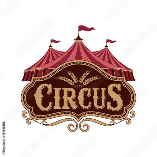 A classic circus logo design adorned with vibrant colors and iconic big top tents, representing entertainment, nostalgia, and the whimsical atmosphere of traditional circus performances.