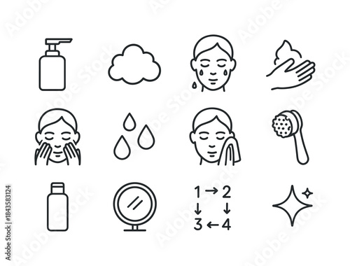 Face Cleansing Icons. Face cleansing routine. Line icon set of f