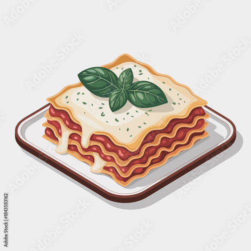 This vibrant lasagna showcases layers of pasta, rich meat sauce, and melted cheese, garnished with fresh basil, perfect for any Italian cuisine lover.