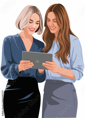 Two cheerful women are joyfully sharing smiles while looking at a tablet, expressing enthusiasm and modernity in their friendship with technology as a medium for connection.