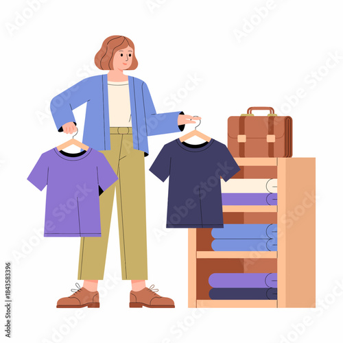A woman is actively shopping, holding two t-shirts while a stylish wardrobe with folded shirts and a suitcase rests nearby, representing modern fashion and lifestyle.