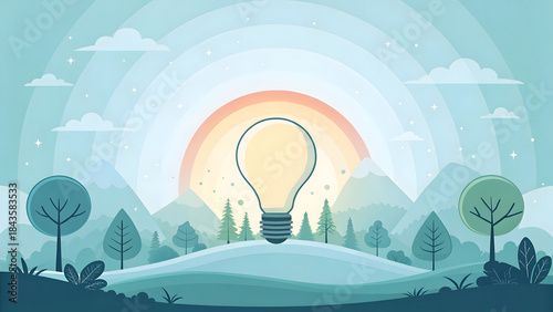 Bright concept with snow-covered trees and an innovative lightbulb symbol